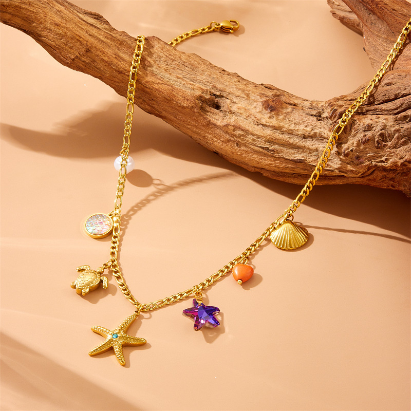 Cross-border fashion colorful fish scale design marine animal starfish diamond-encrusted turtle shell pendant stainless steel necklace