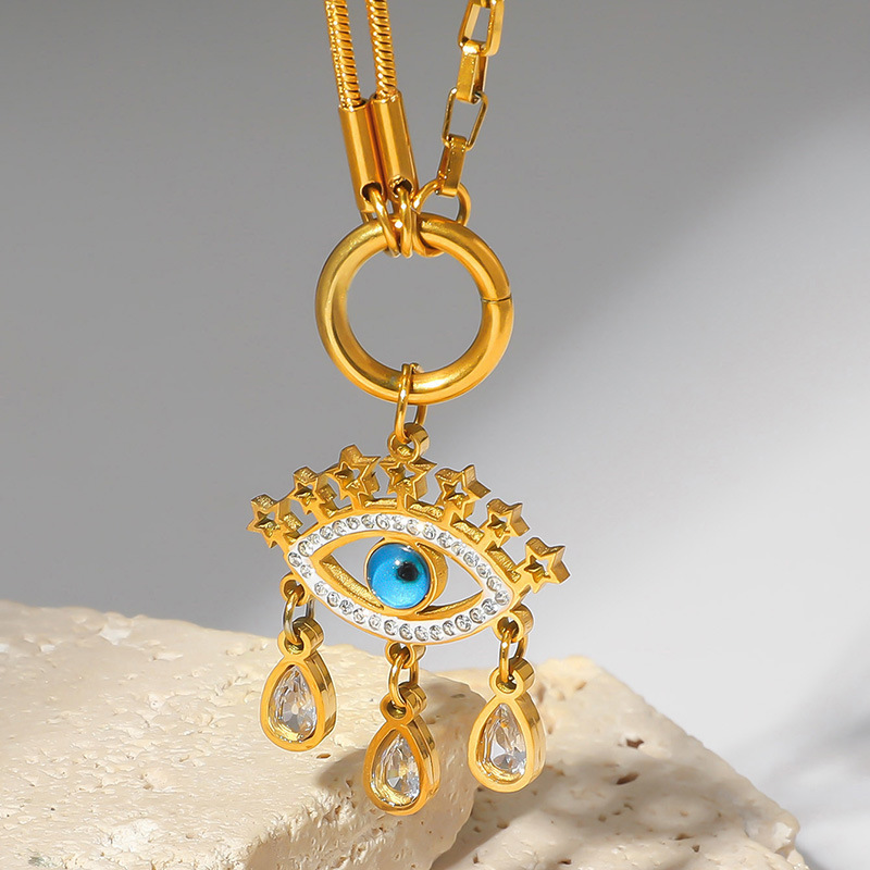 Japanese and Korean cross-border AB chain clavicle chain with star tassel, rhinestone eyes, teardrop pendant, stainless steel necklace.