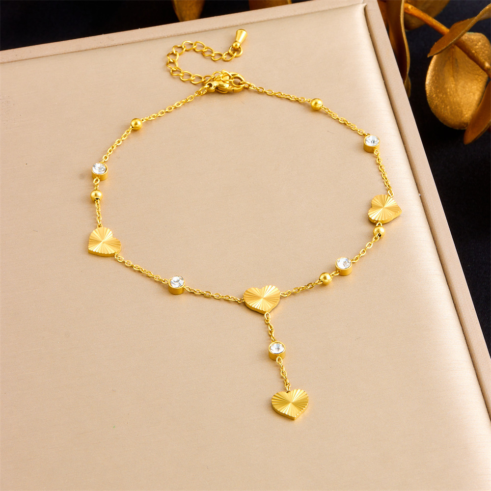 Cross-border fashion minimalist style dangling tassel stainless steel rhinestone-encrusted heart butterfly flower accessory gold-plated anklet