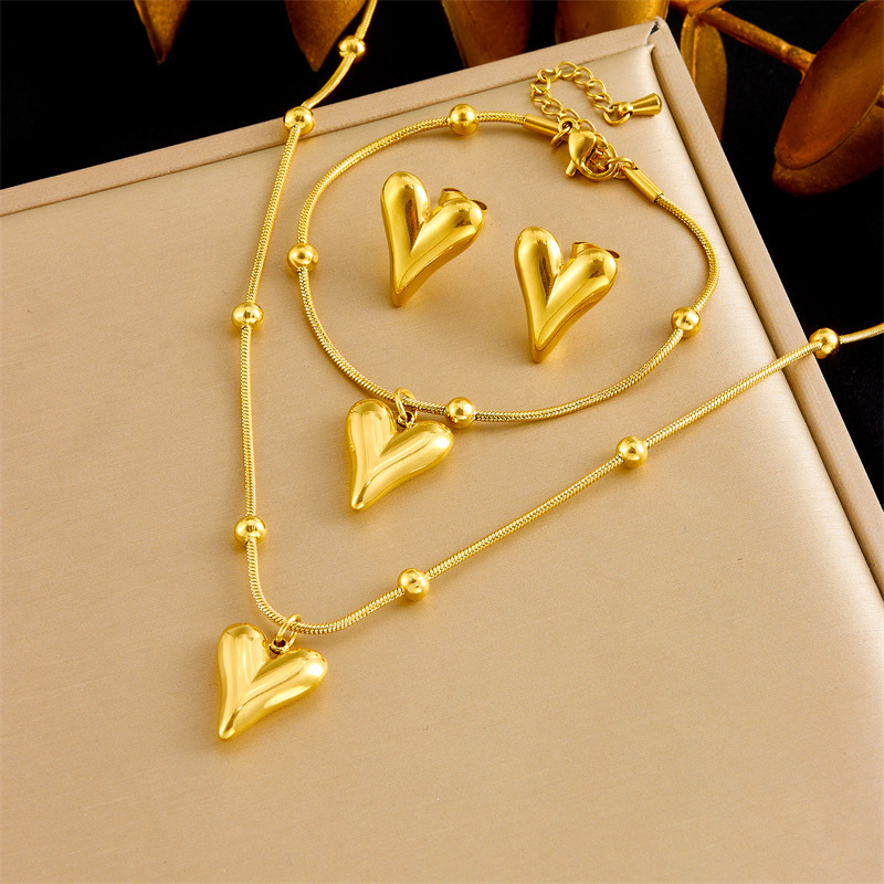 European and American style stainless steel beaded snake chain bamboo heart pendant, simple and versatile women's bracelet, earrings, necklace