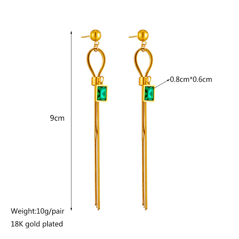 New European and American cross-border style titanium steel square green diamond long tassel simple retro dangling versatile stud earrings