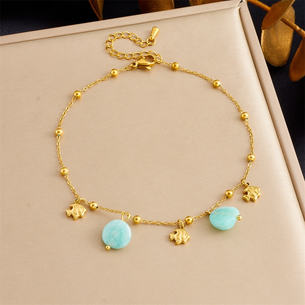 Fashionable new cross-border style beach and ocean theme seashell dolphin starfish stacked chain double layer stainless steel anklet for women