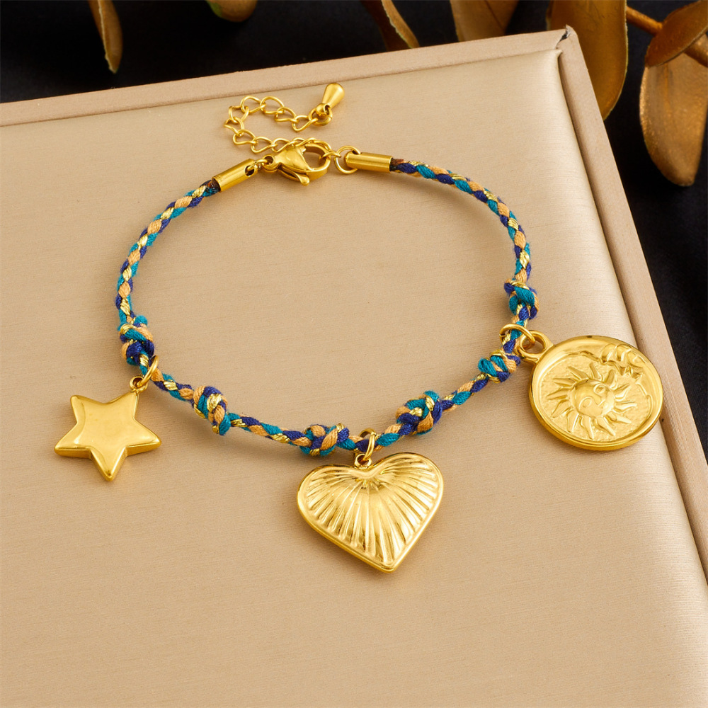 Cross-border fashion bohemian retro style colorful rope braided chain gold-plated stainless steel multi-element pendant set