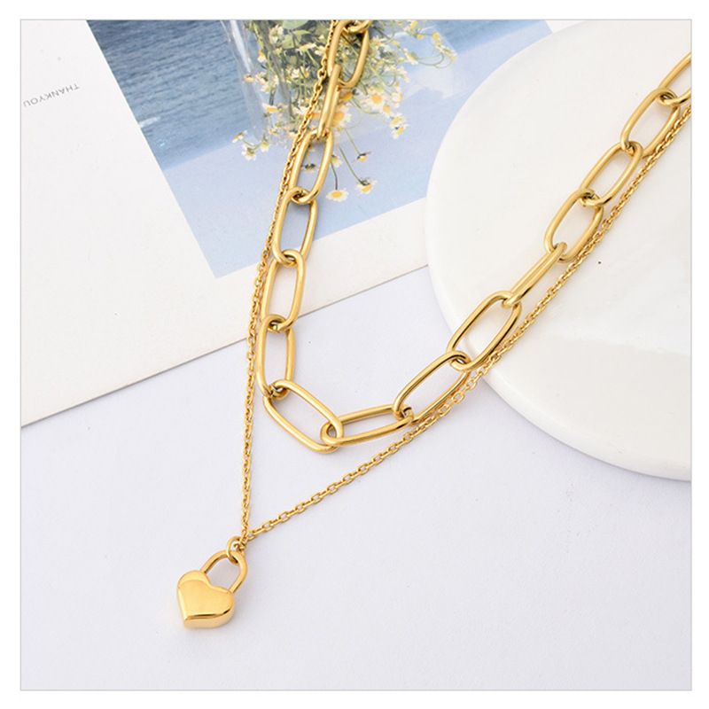 New European and American cross-border style double-layer chain heart lock pendant titanium steel metal hip-hop high-end minimalist style necklace
