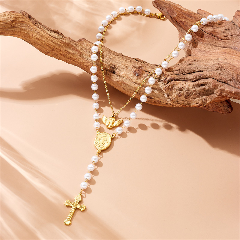 European and American style oval portrait brand retro double-layered angel pearl chain tassel cross stainless steel jewelry necklace