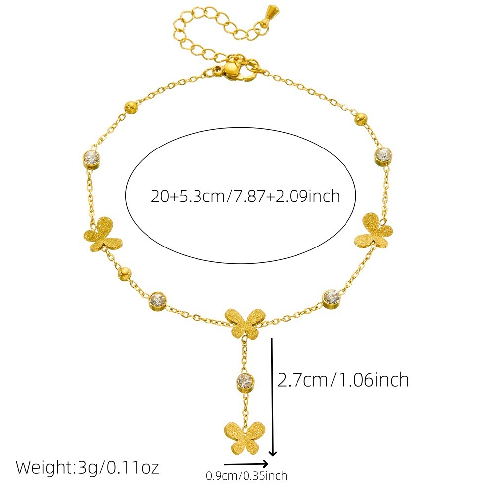 Cross-border fashion minimalist style dangling tassel stainless steel rhinestone-encrusted heart butterfly flower accessory gold-plated anklet