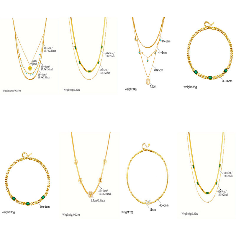 European and American fashion niche retro minimalist design multi-layered chain necklace with green diamond accessories