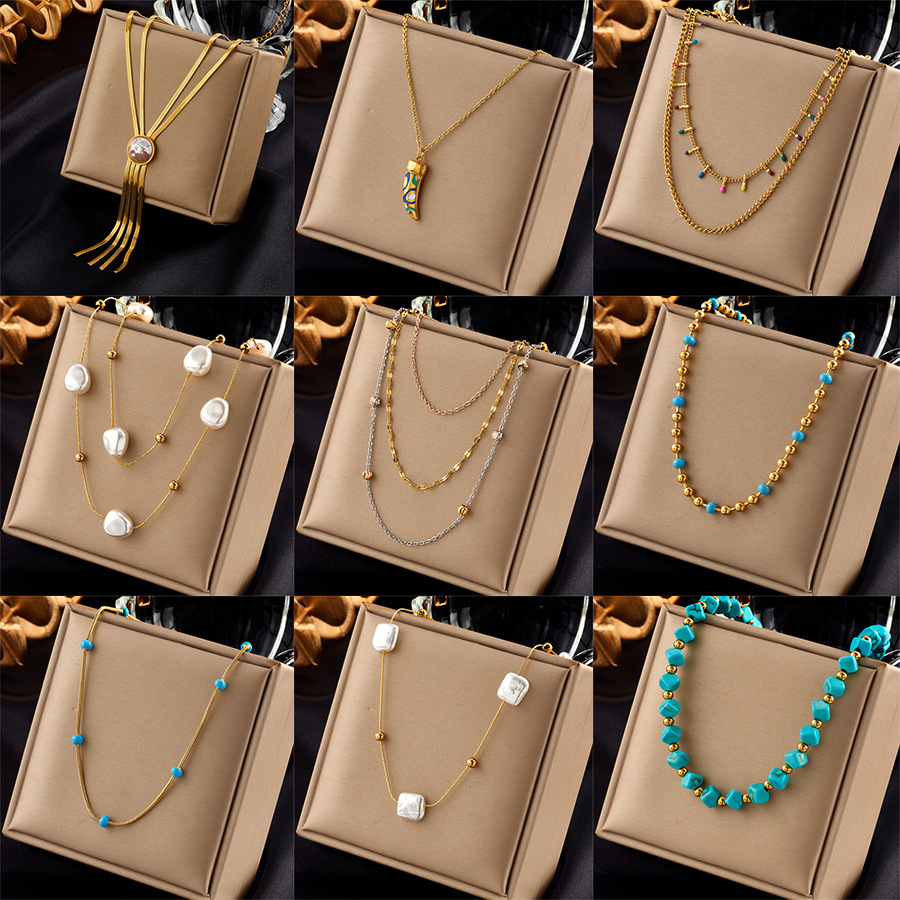 European and American style niche design retro high-end chain tassel stainless steel pearl beaded oil drop pendant necklace