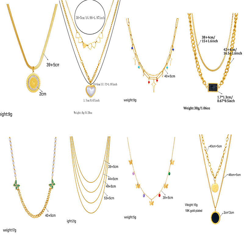 New fashionable and unique multi-layered clavicle chain necklace with pearl, butterfly, heart, and portrait pendants.