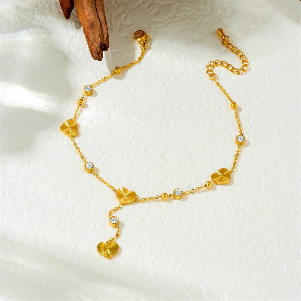 Cross-border fashion minimalist style dangling tassel stainless steel rhinestone-encrusted heart butterfly flower accessory gold-plated anklet