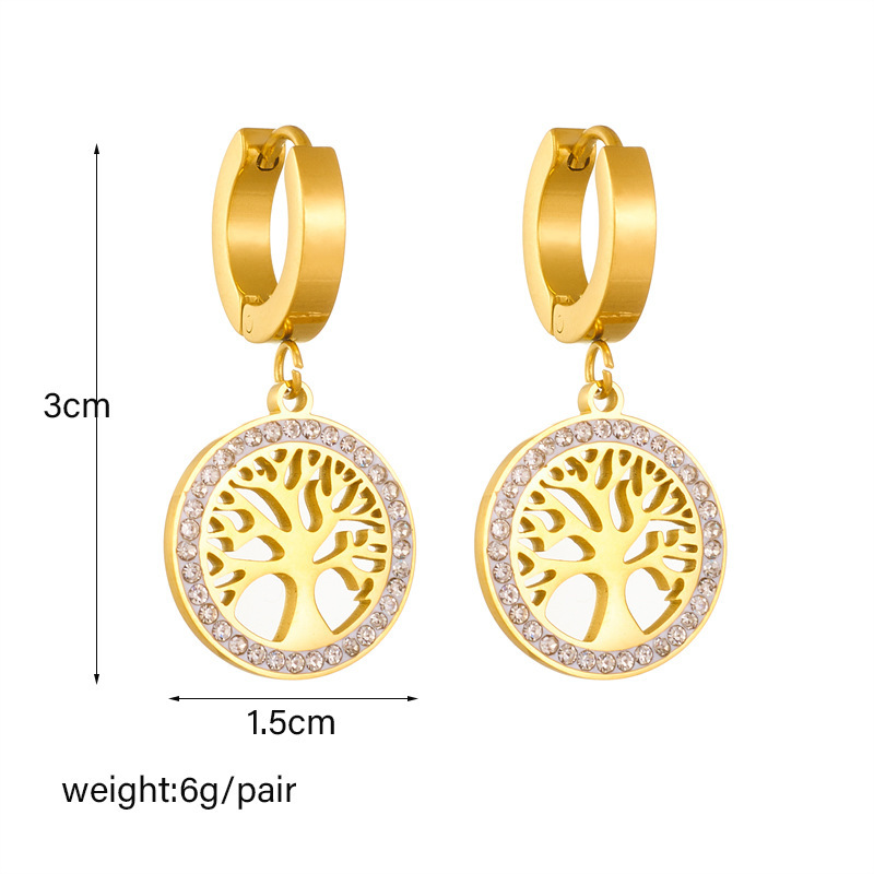 European and American style, light luxury, high-end round diamond-encrusted Tree of Life earrings, simple and retro style.