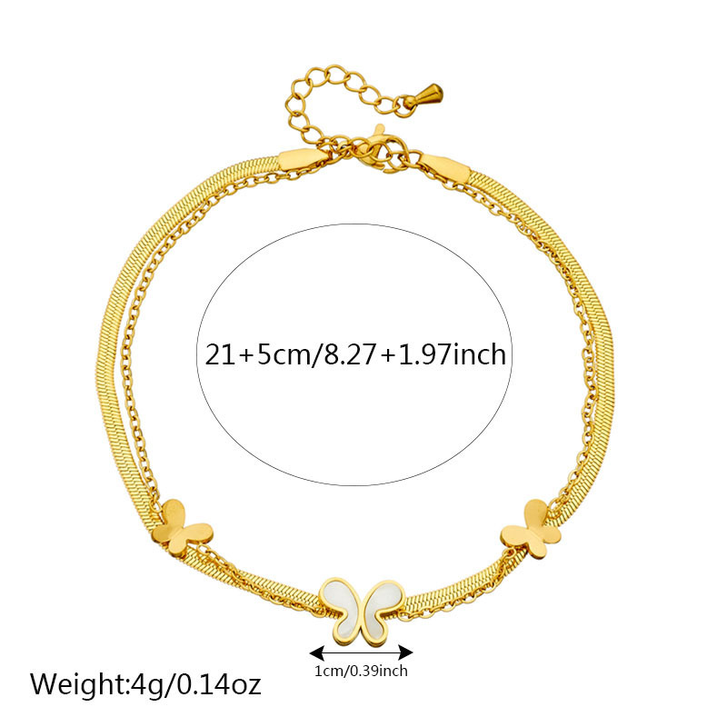 Stylish, niche, minimalist, elegant white seashell, butterfly, and flower accessory chain; multi-layered stainless steel anklet.