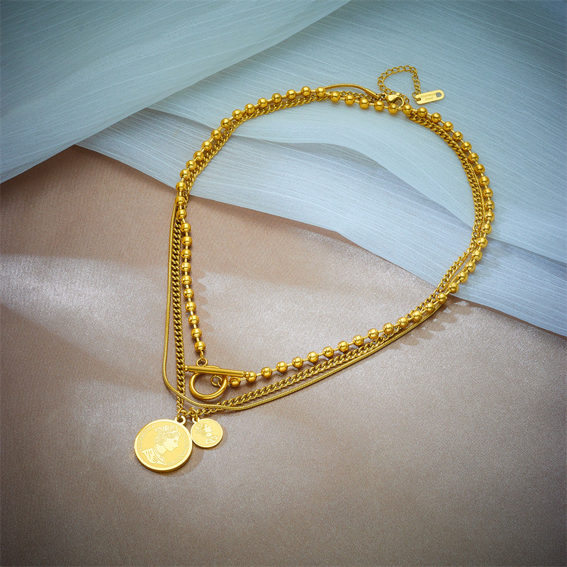 European and American cross-border retro multi-layered round pendant with woman's head portrait, OT buckle titanium steel metal light luxury niche necklace