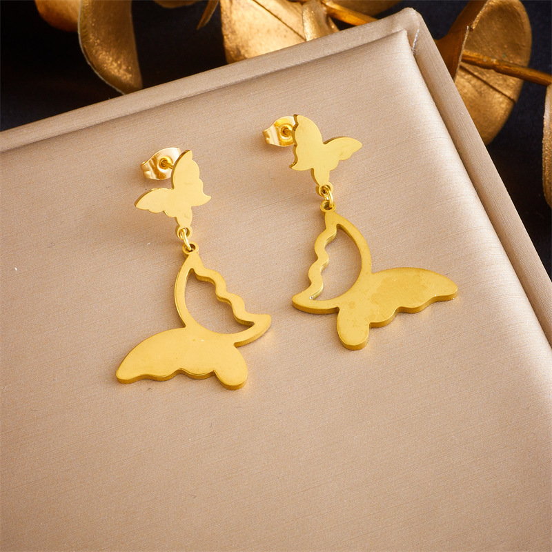 Cross-border fashion, unique, minimalist geometric jewelry, stainless steel gold-plated butterfly and flower irregular pendant earrings