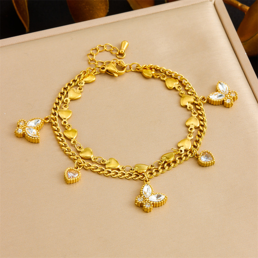 Cross-border fashion stainless steel heart double-layer stacked jewelry, diamond-encrusted butterfly heart, colorfast accessory bracelet