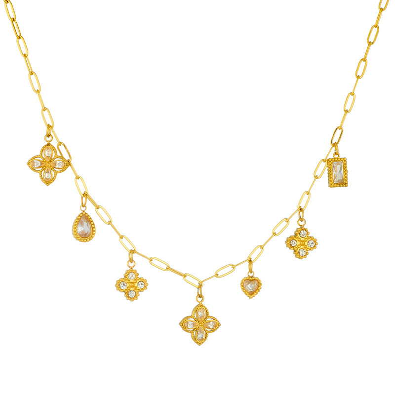 French retro-chic, light luxury, high-end diamond-encrusted teardrop-shaped four-petal flower pendant chain stainless steel clavicle necklace