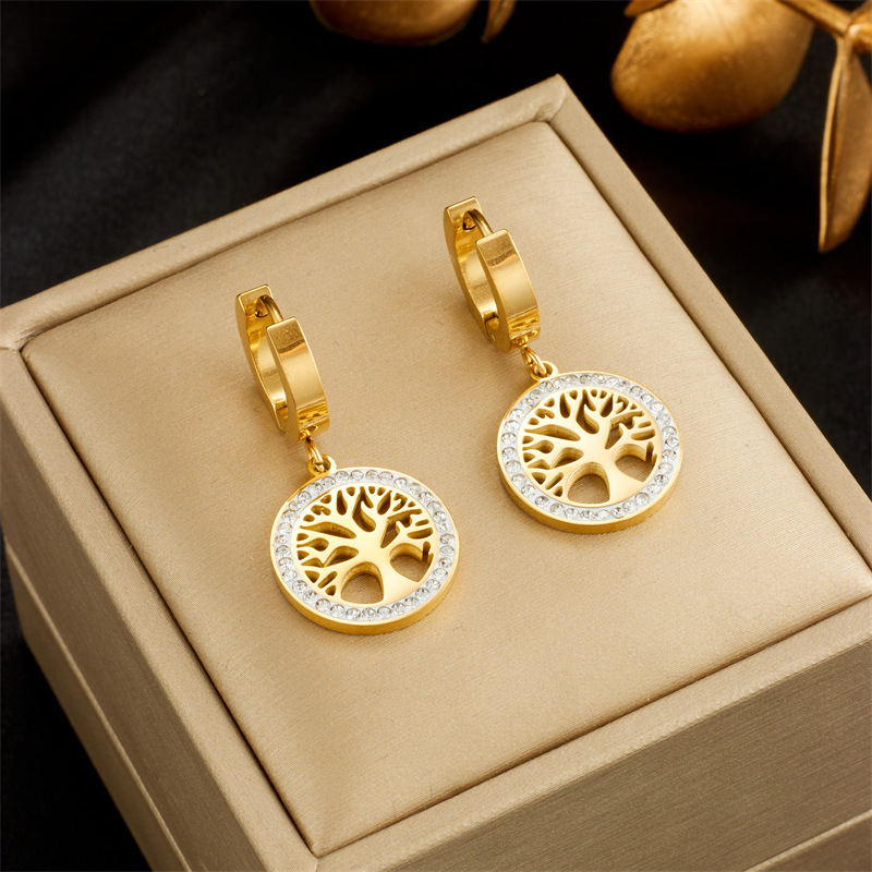 European and American style, light luxury, high-end round diamond-encrusted Tree of Life earrings, simple and retro style.
