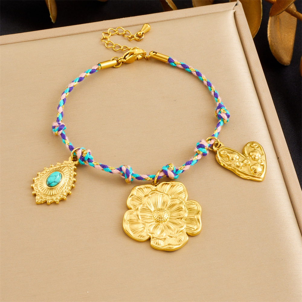 Cross-border fashion bohemian retro style colorful rope braided chain gold-plated stainless steel multi-element pendant set