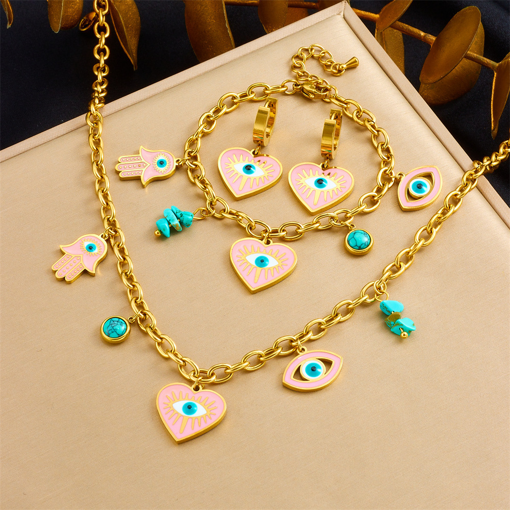 Cross-border fashion personalized oil-drop pink heart eyes blue turquoise pendant stainless steel necklace earrings bracelet set