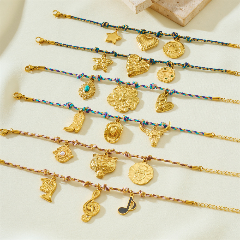 Cross-border fashion bohemian retro style colorful rope braided chain gold-plated stainless steel multi-element pendant set