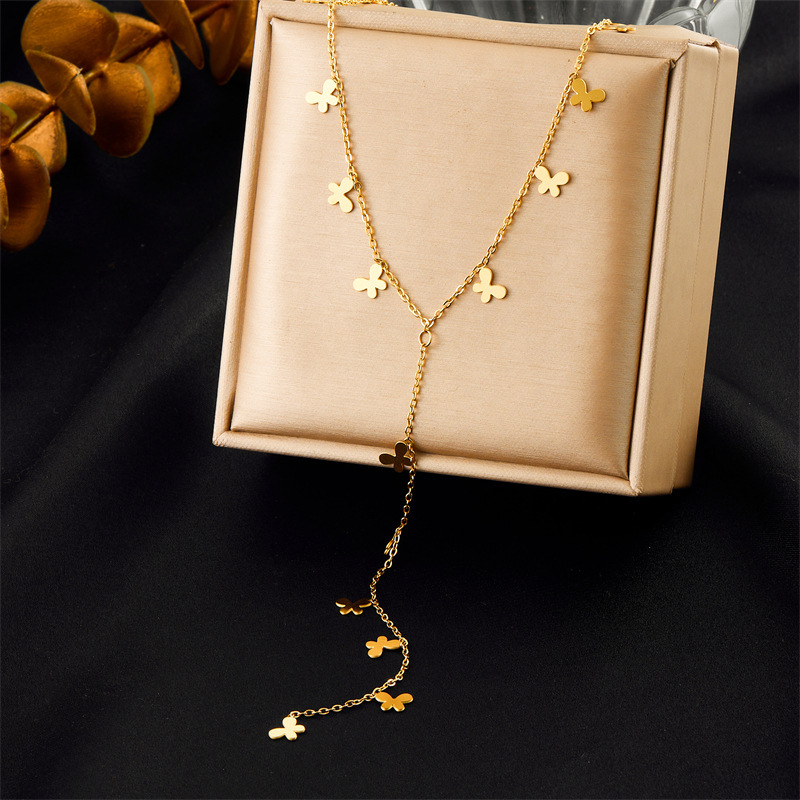 Cross-border fashion, simple and versatile, gold-plated stainless steel flower, butterfly, heart, Y-shaped chain bracelet necklace