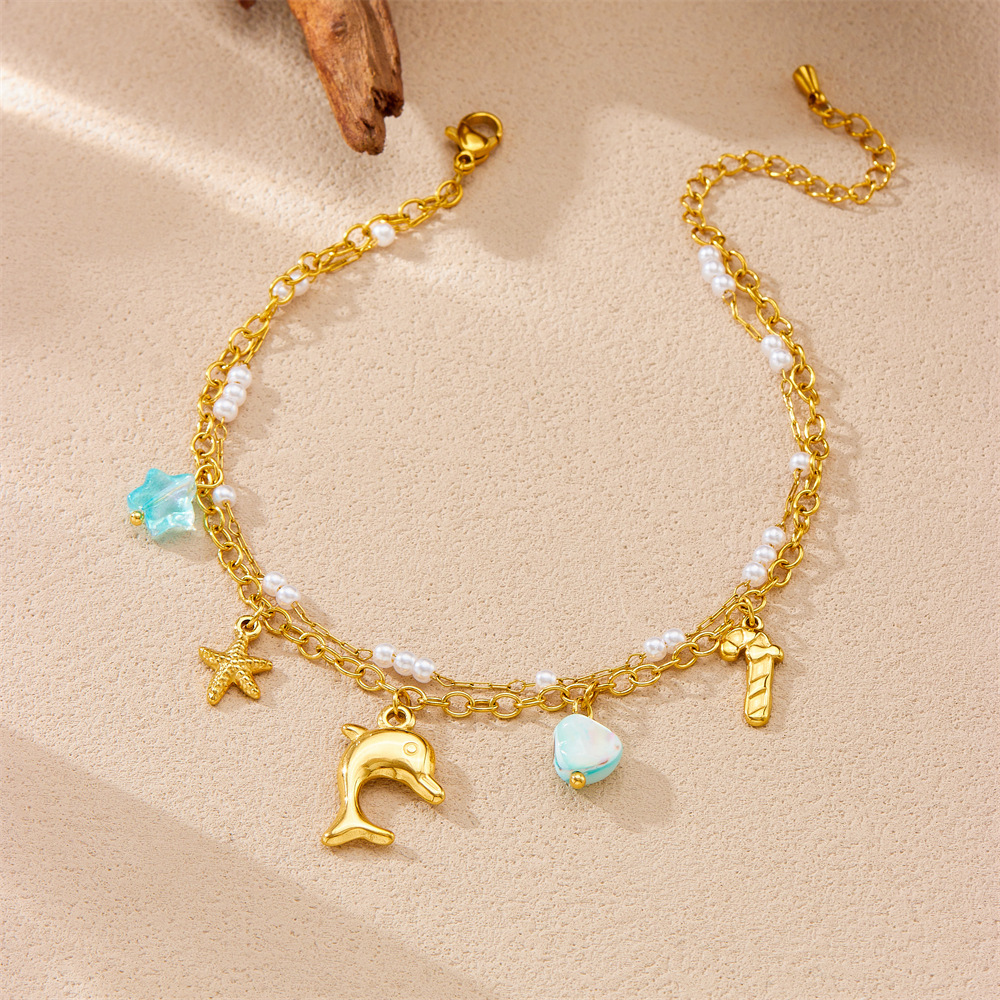 Fashionable new cross-border style beach and ocean theme seashell dolphin starfish stacked chain double layer stainless steel anklet for women