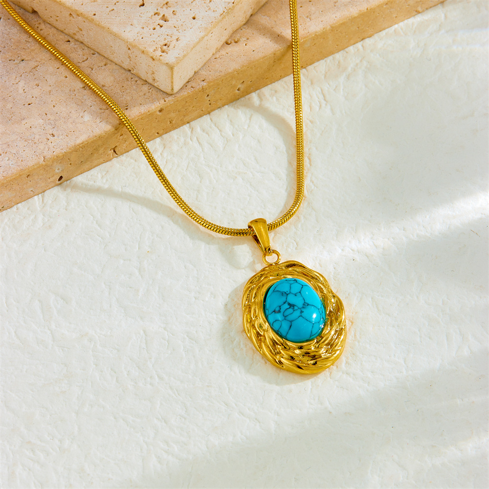 European and American cross-border retro high-end oval blue turquoise geometric pendant snake bone chain stainless steel gold-plated necklace