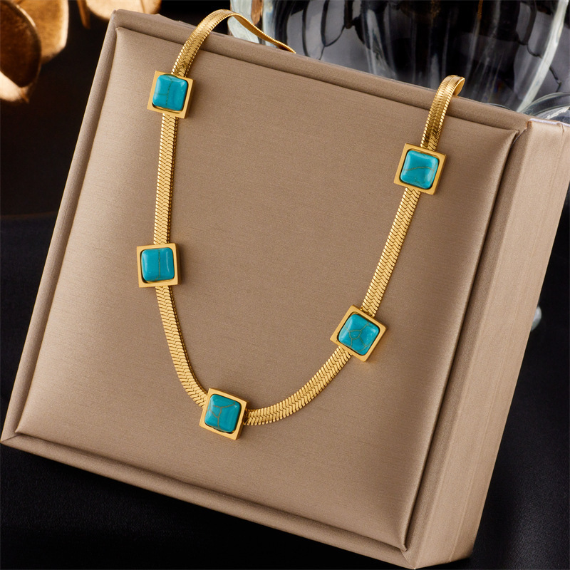 New European and American cross-border fashion gold and silver two-tone titanium steel snake bone chain turquoise square niche design clavicle necklace