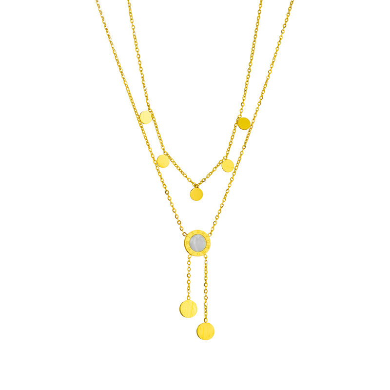 European and American style double-layered Roman round shell tassel titanium steel clavicle chain, niche design, light luxury and high-end temperament necklace.