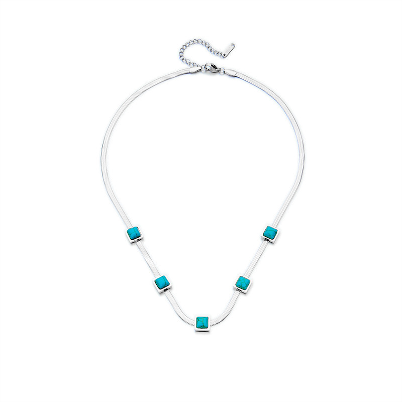 New European and American cross-border fashion gold and silver two-tone titanium steel snake bone chain turquoise square niche design clavicle necklace