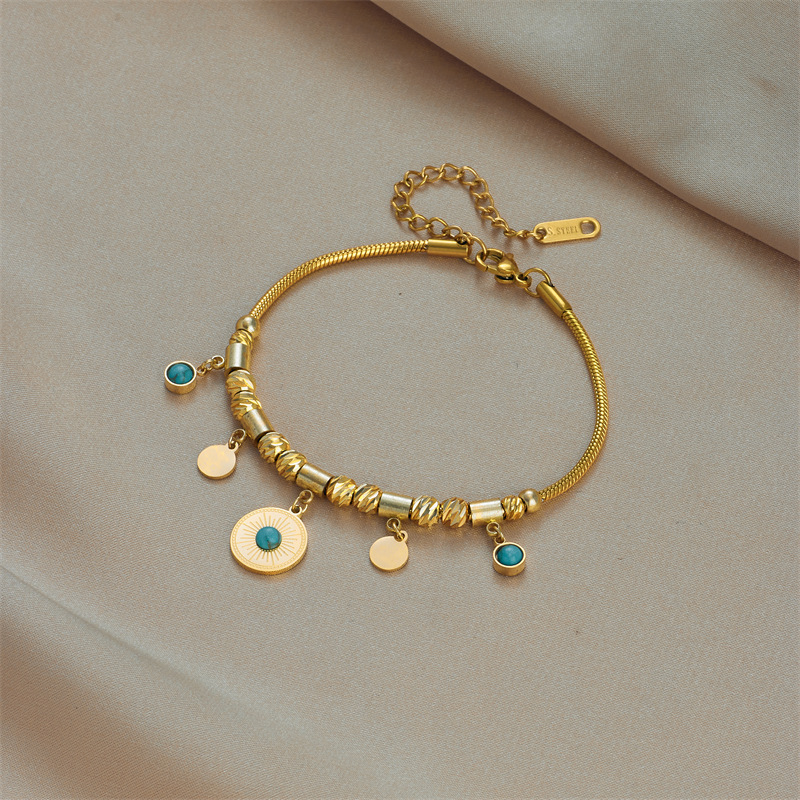 European and American cross-border retro minimalist light luxury round turquoise pendant titanium steel geometric irregular beaded titanium steel bracelet