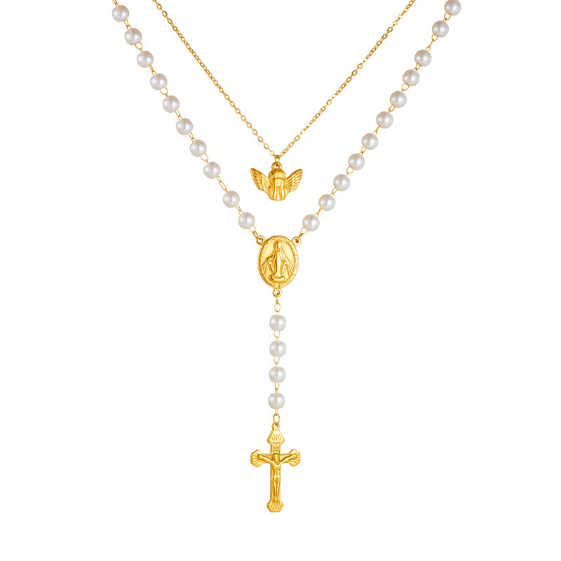 European and American style oval portrait brand retro double-layered angel pearl chain tassel cross stainless steel jewelry necklace