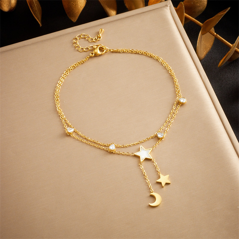 European and American cross-border fashion minimalist chain double-layered tassel five-pointed star tree of life pendant anklet