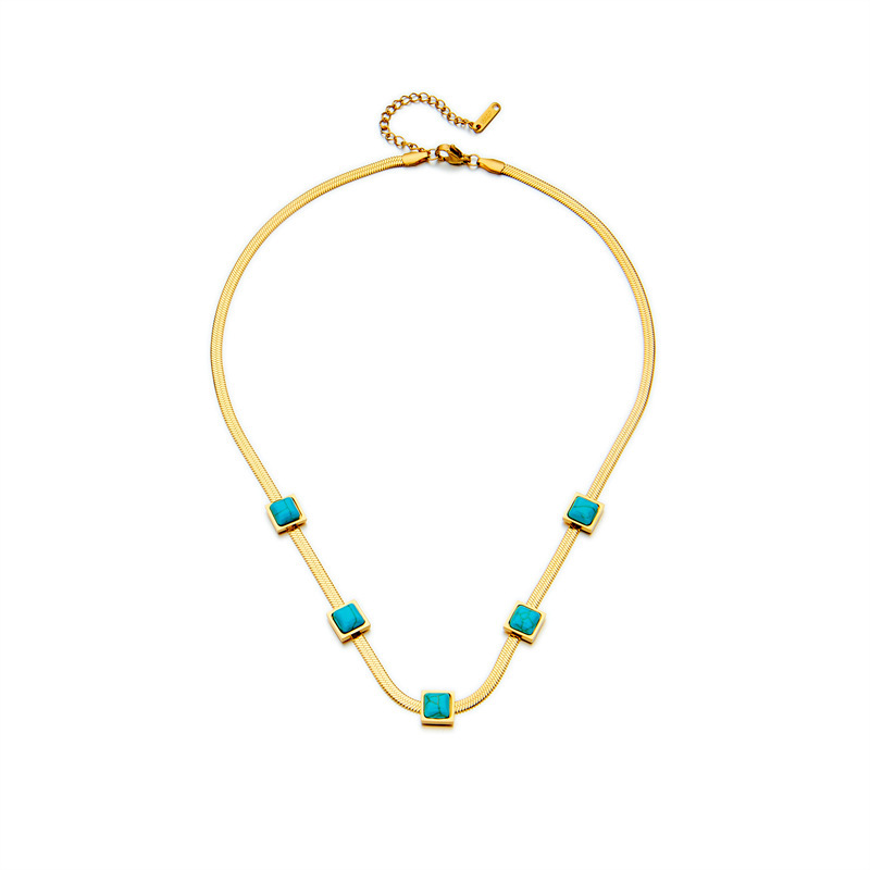 New European and American cross-border fashion gold and silver two-tone titanium steel snake bone chain turquoise square niche design clavicle necklace