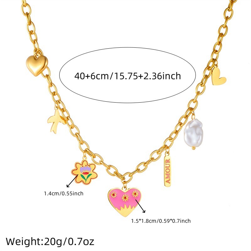 Korean style fashionable cartoon cute painted heart flower bird pearl pendant chain stainless steel necklace