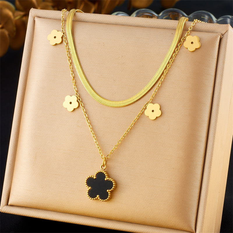 Korean style, fashionable, simple, suitable for commuting, double-layered heart butterfly stainless steel flower accessory chain pendant necklace