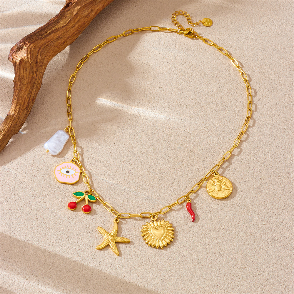 Fashionable and creative cartoon fruit cherry drip pendant heart eyes starfish stainless steel chain women's necklace