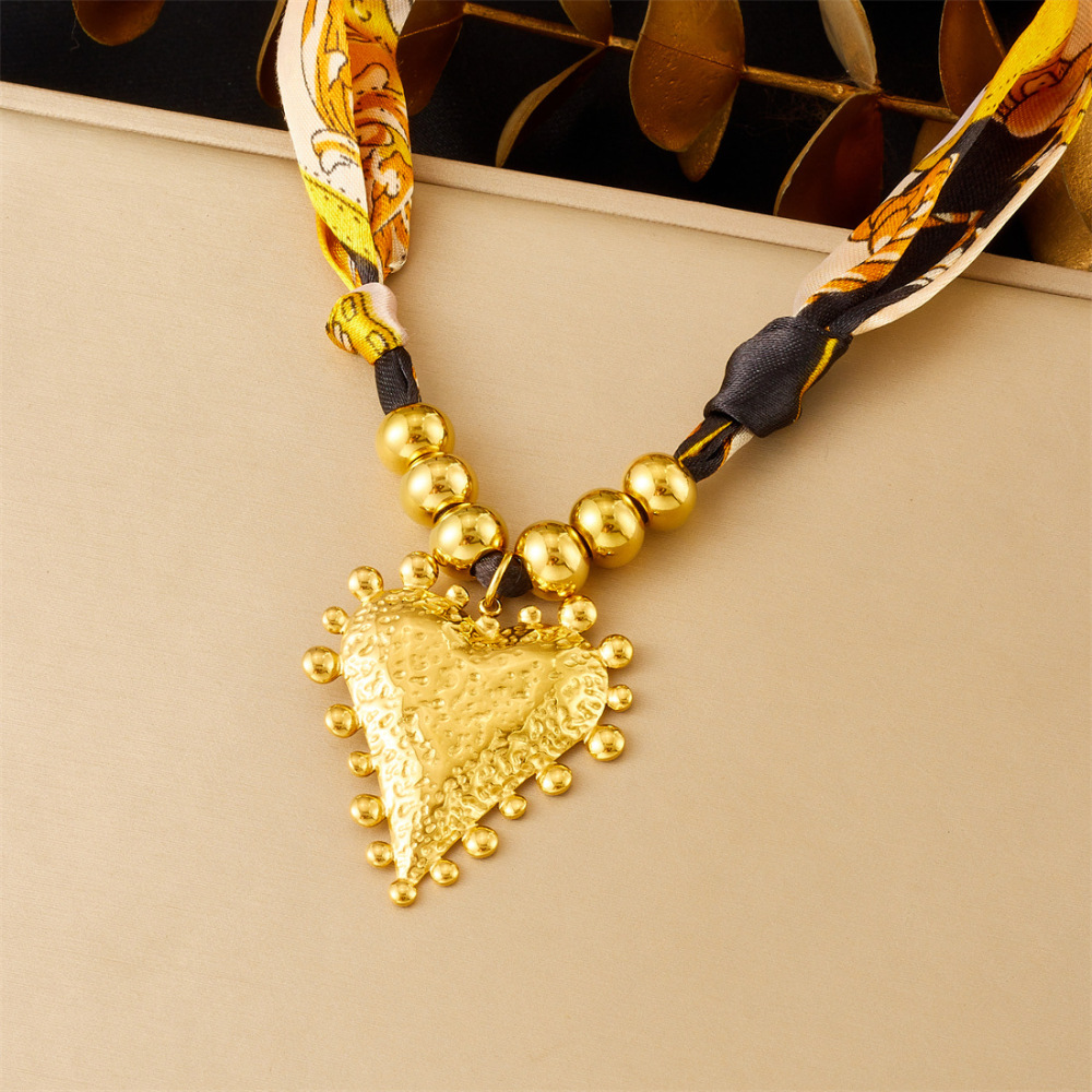 European and American style retro printed colorful ribbon cord gold-plated stainless steel heart cross bird necklace