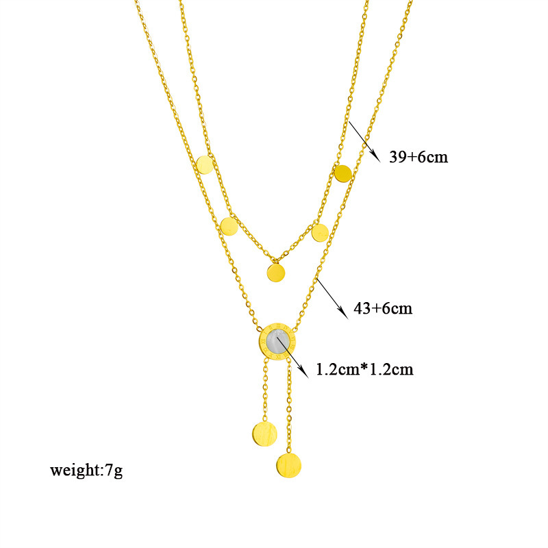 European and American style double-layered Roman round shell tassel titanium steel clavicle chain, niche design, light luxury and high-end temperament necklace.
