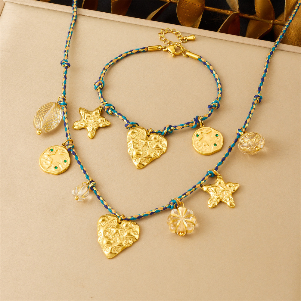 Cross-border fashion bohemian retro style colorful rope braided chain gold-plated stainless steel multi-element pendant set