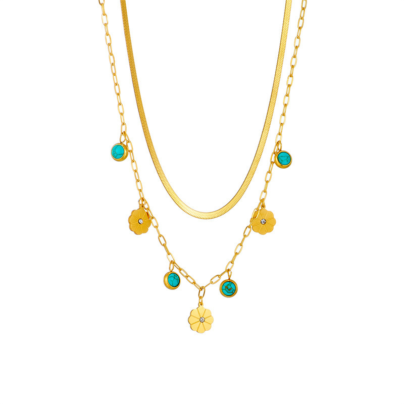 European and American cross-border fashion minimalist double-layer snake bone chain titanium steel turquoise flower pendant necklace