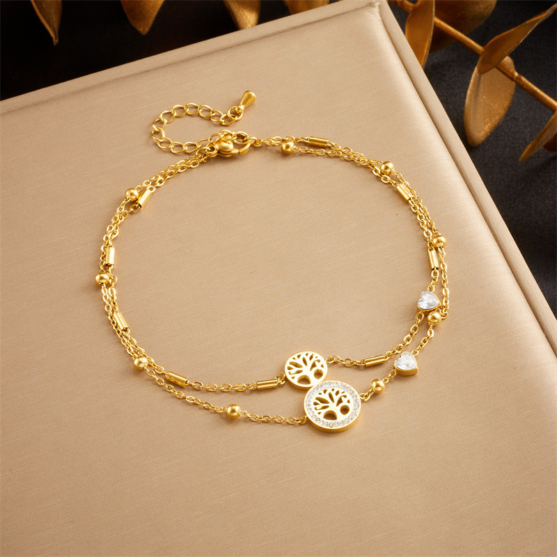 European and American cross-border fashion minimalist chain double-layered tassel five-pointed star tree of life pendant anklet