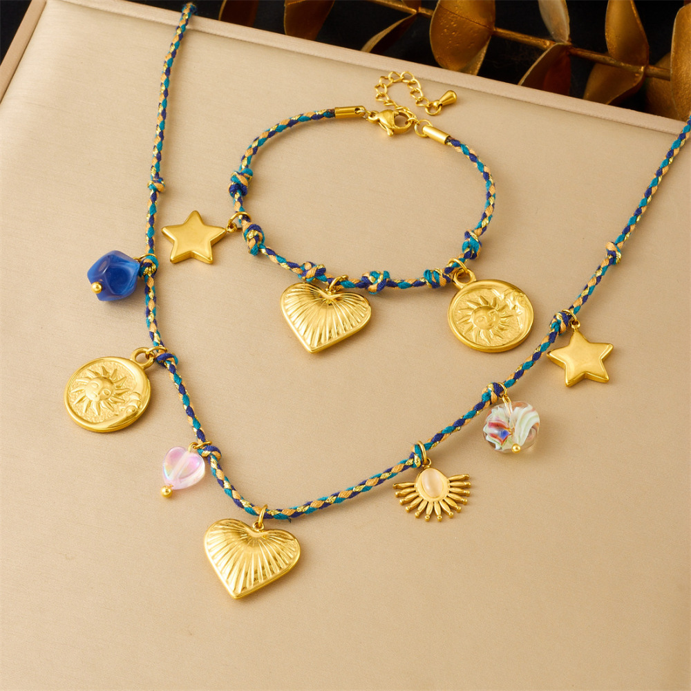 Cross-border fashion bohemian retro style colorful rope braided chain gold-plated stainless steel multi-element pendant set