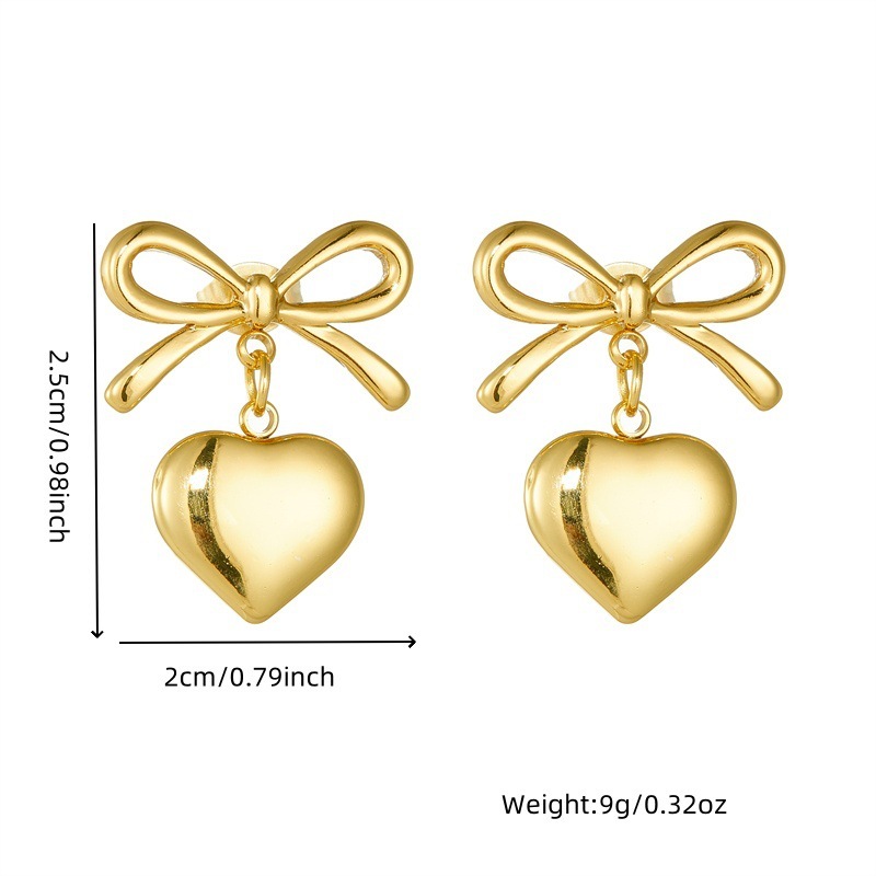 Korean-style trendy niche design gold-plated stainless steel bow heart pendant dangling earrings