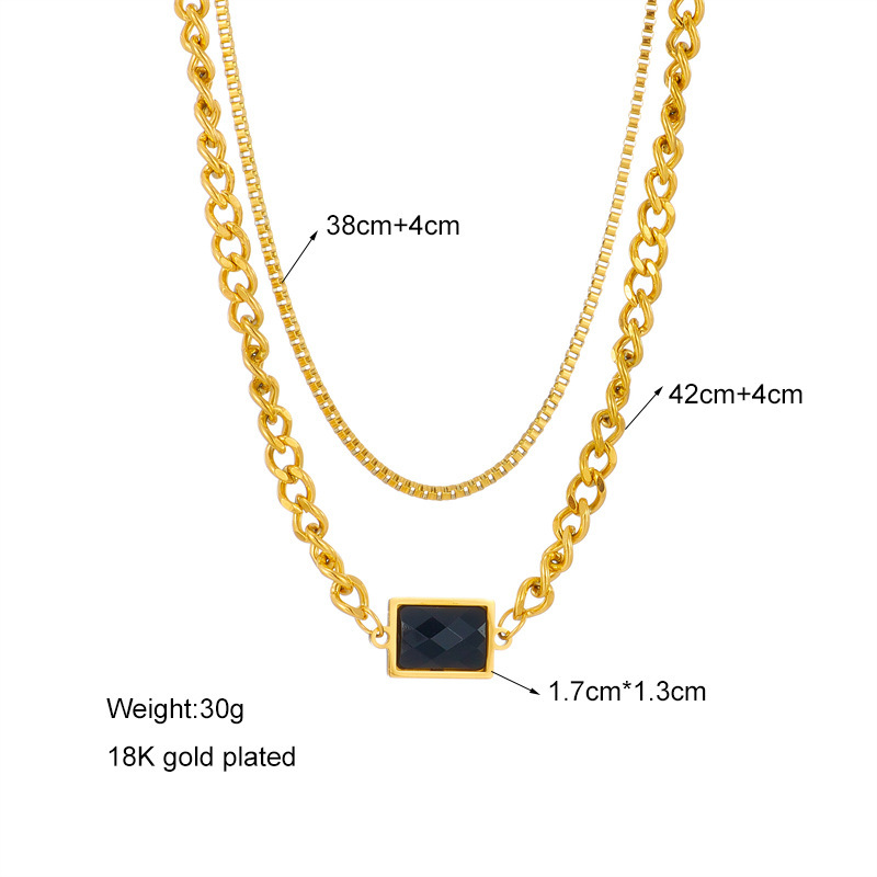 European and American cross-border high-end retro light luxury minimalist rectangular black diamond double-layer titanium steel non-fading chain necklace