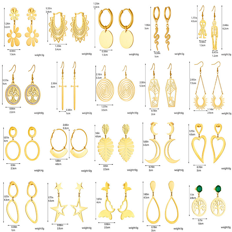 Cross-border fashion, unique, minimalist geometric jewelry, stainless steel gold-plated butterfly and flower irregular pendant earrings