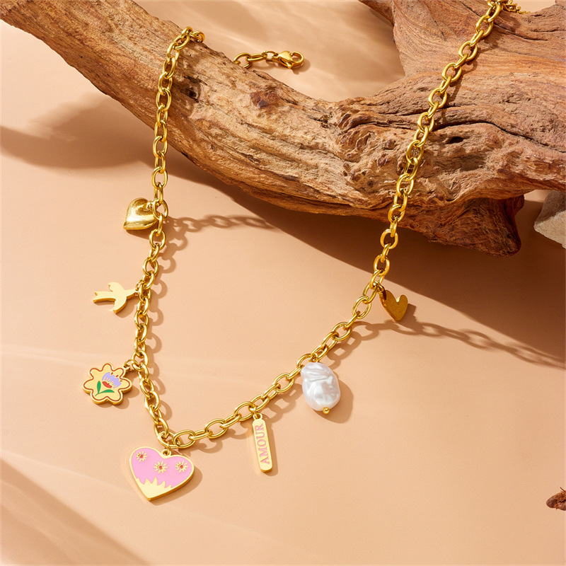 Korean style fashionable cartoon cute painted heart flower bird pearl pendant chain stainless steel necklace