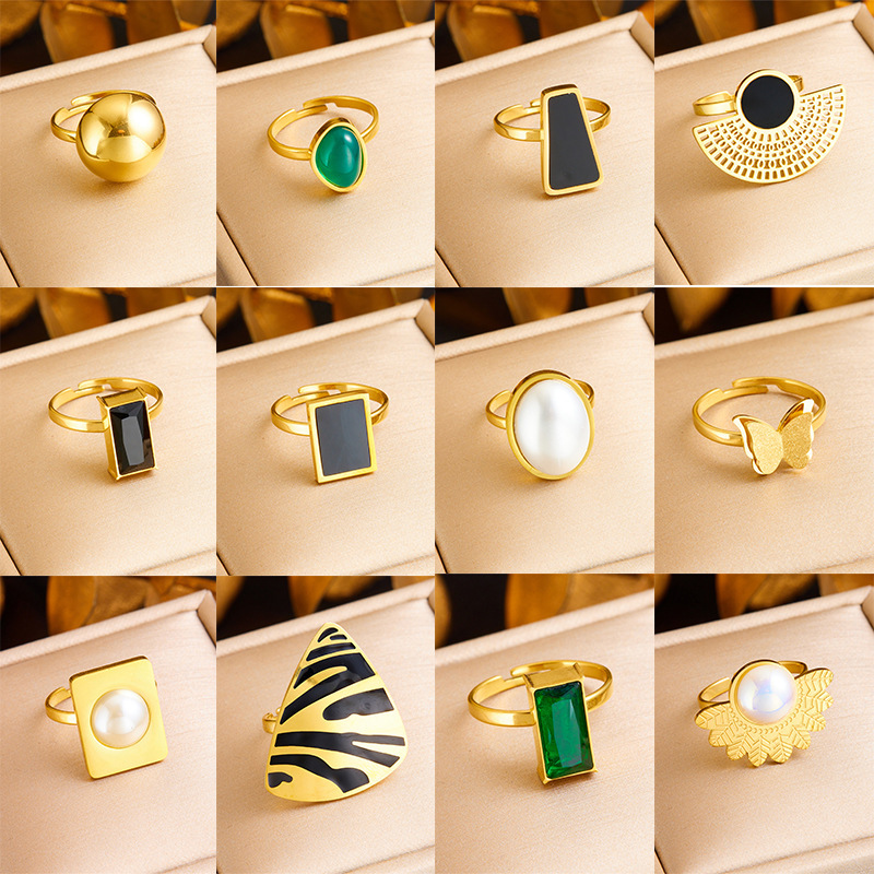 European and American cross-border retro design stainless steel oval triangle geometric diamond pearl butterfly open ring for women