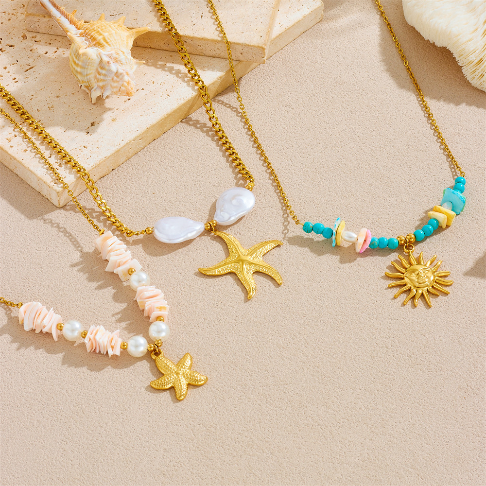Cross-border fashion beach vacation style seashell starfish sun cherry heart multi-element stainless steel necklace