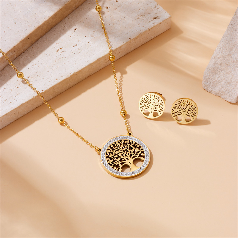 European and American fashion niche design round hollow tree of life pendant accessories stainless steel stud earrings and necklace set